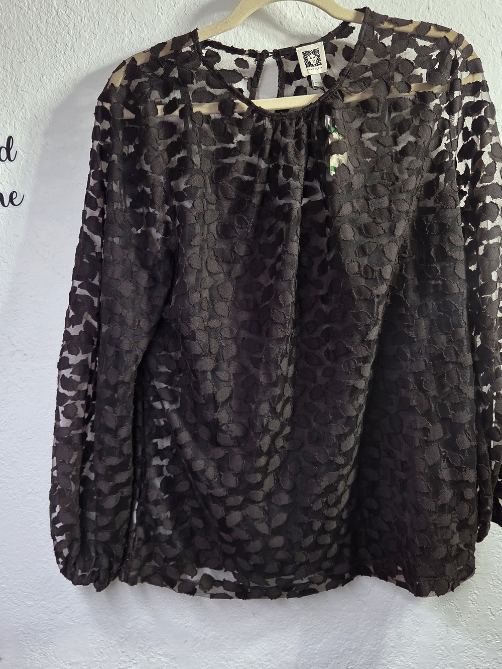 NWT ANNE KLEIN Dark Brown Burnout Velvet Dot Sheer Long Sleeve Blouse Size L